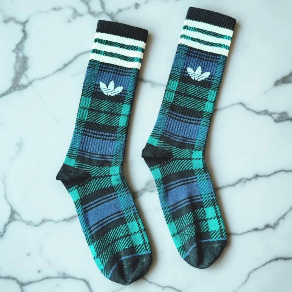 New Adidas Medium Blue Teal Tartan Plaid Trefoil Crew Socks Ravenclaw Slytherin